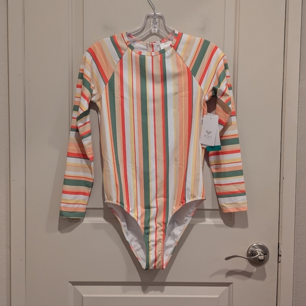 Roxy Girl’s Striped Long Sleeve Rash Guard One Piece Swimsuit Size XXL